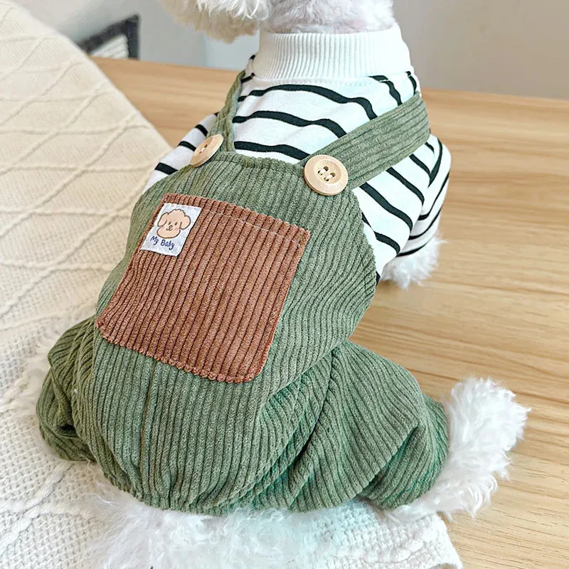 Stylish Stripes and Army Green Four-Legged Strap Pants for Small and Medium-Sized Dogs - Perfect Pet Apparel for Spring and Autumn