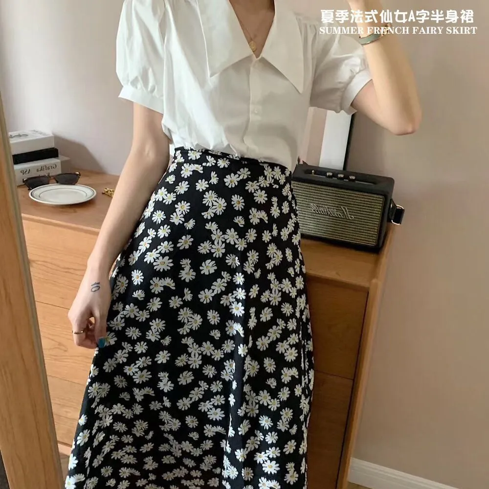 Summer French Fairy-Look A-Line High Waist Floral Daisy Skirt Women Mid-Length Skirt