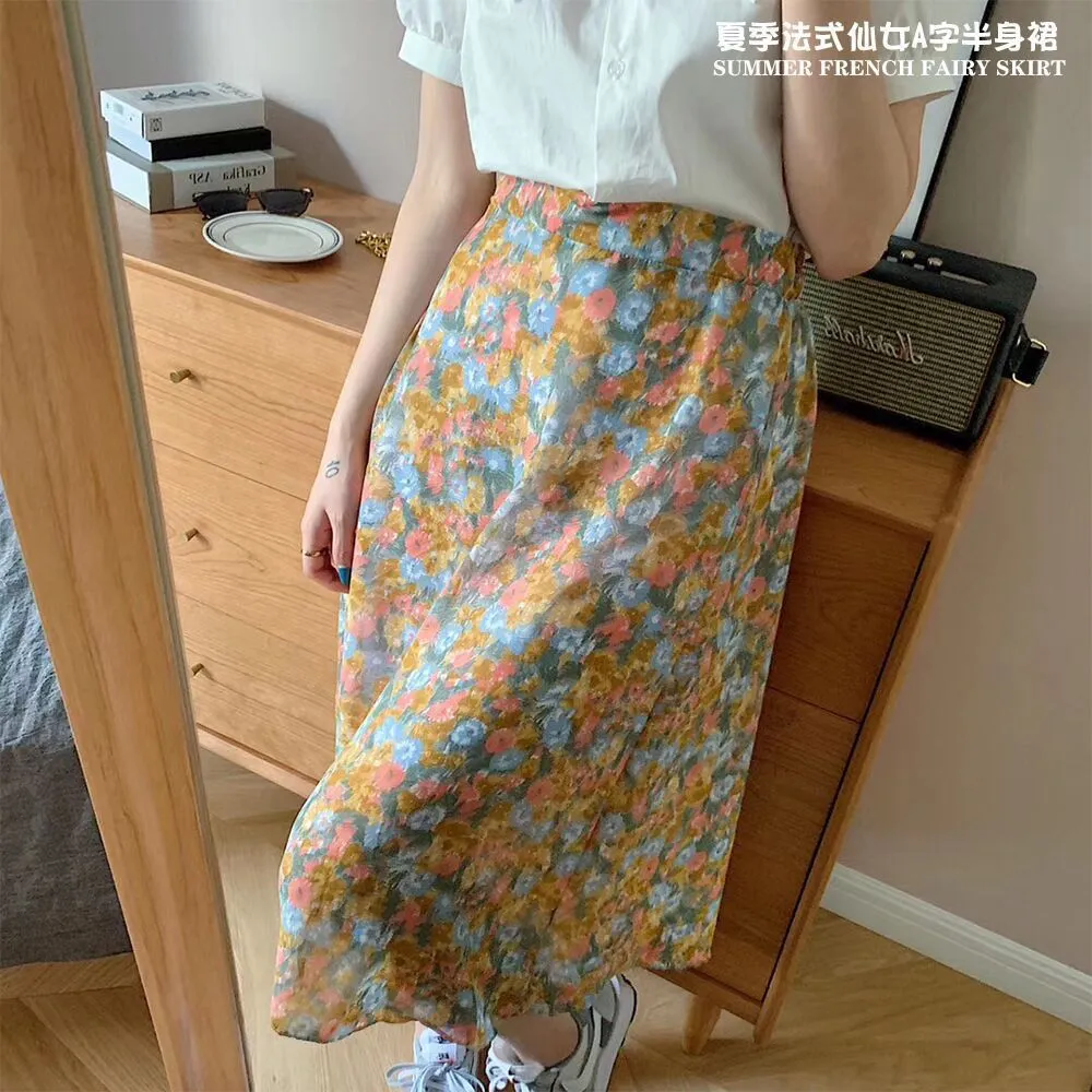 Summer French Fairy-Look A-Line High Waist Floral Daisy Skirt Women Mid-Length Skirt