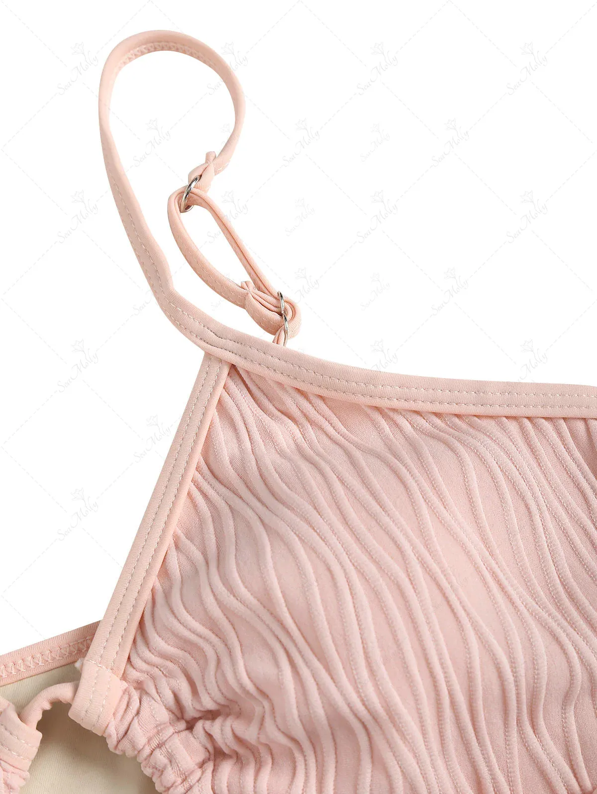 Textured Drawstring Tie Spaghetti Strap Bikini Top