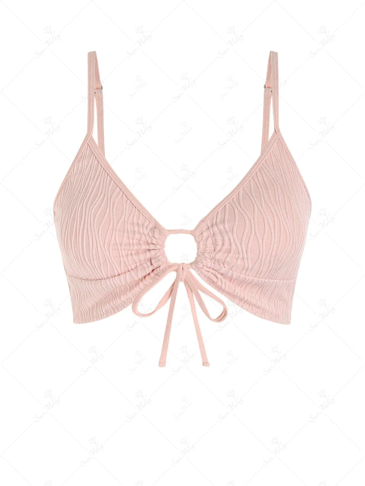 Textured Drawstring Tie Spaghetti Strap Bikini Top