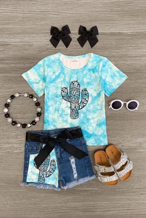 Tie Dye Cactus Distressed Denim Short Set