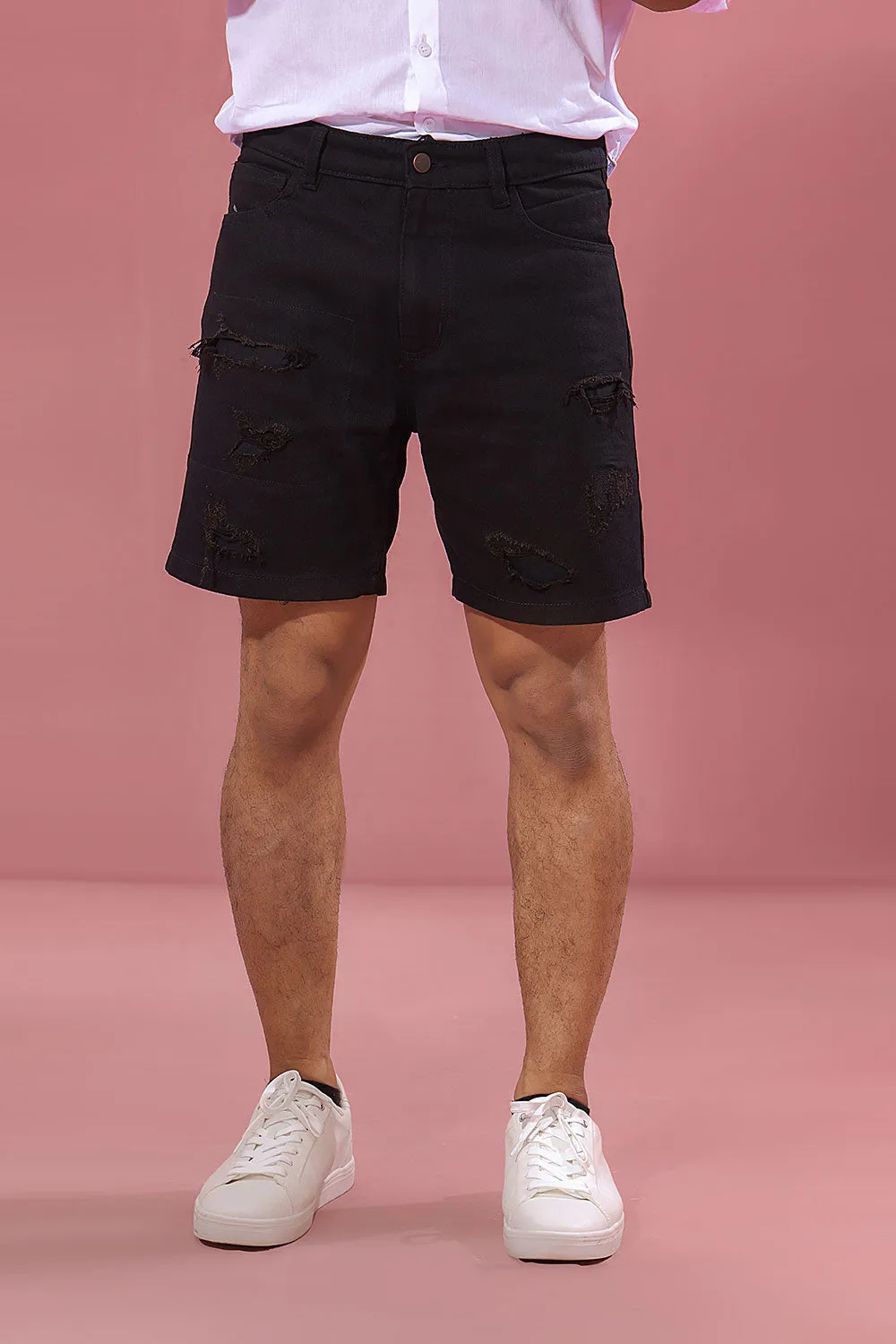 Top Stitched Black Ripped Denim Shorts