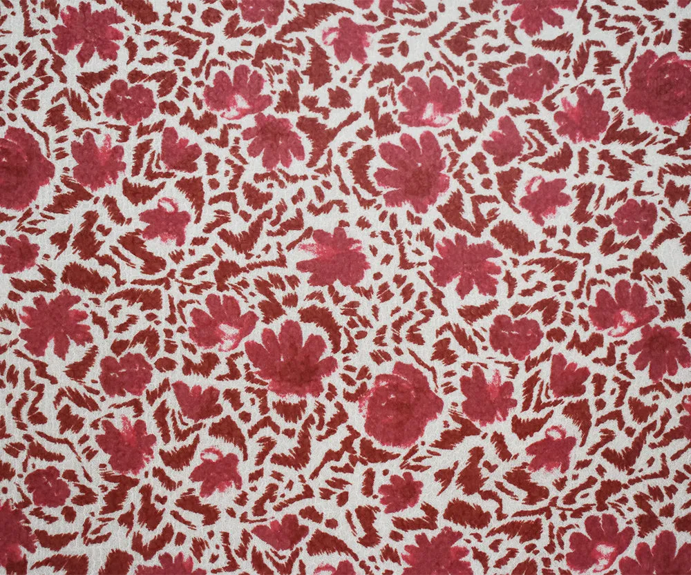 White-Red Abstract Floral Printed Poly Crinkled Chiffon Woven Fabric