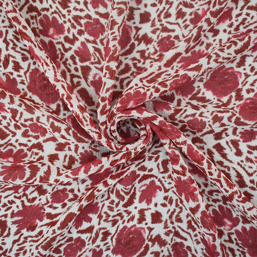 White-Red Abstract Floral Printed Poly Crinkled Chiffon Woven Fabric