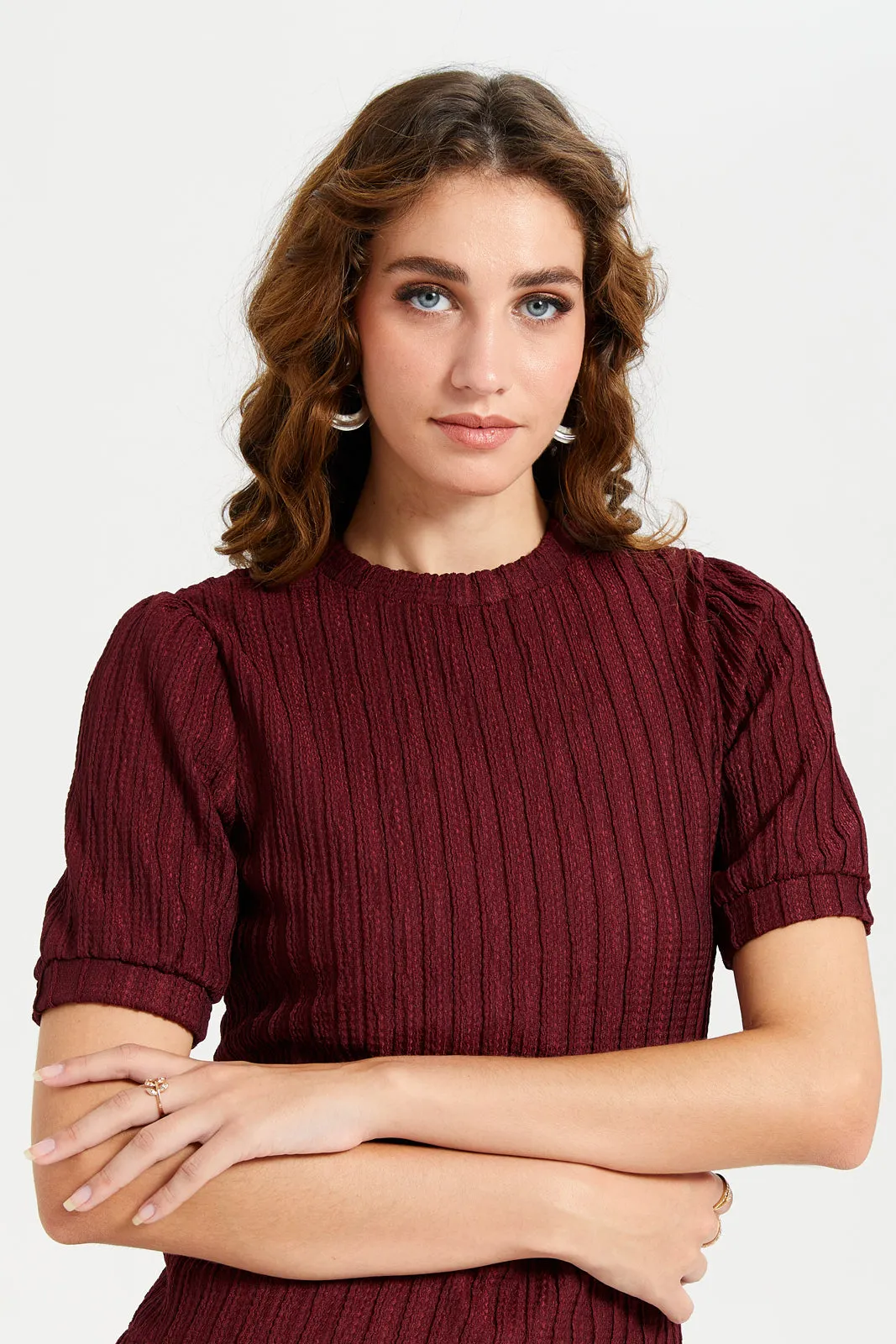 Women Burgundy Textured Puff Sleeve Top