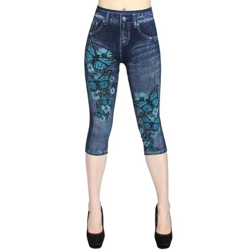 Women Denim Print Leggings Fashion Slim Stretch Pants