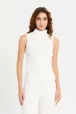 Women White Ribbed Knit Co-Ord Top