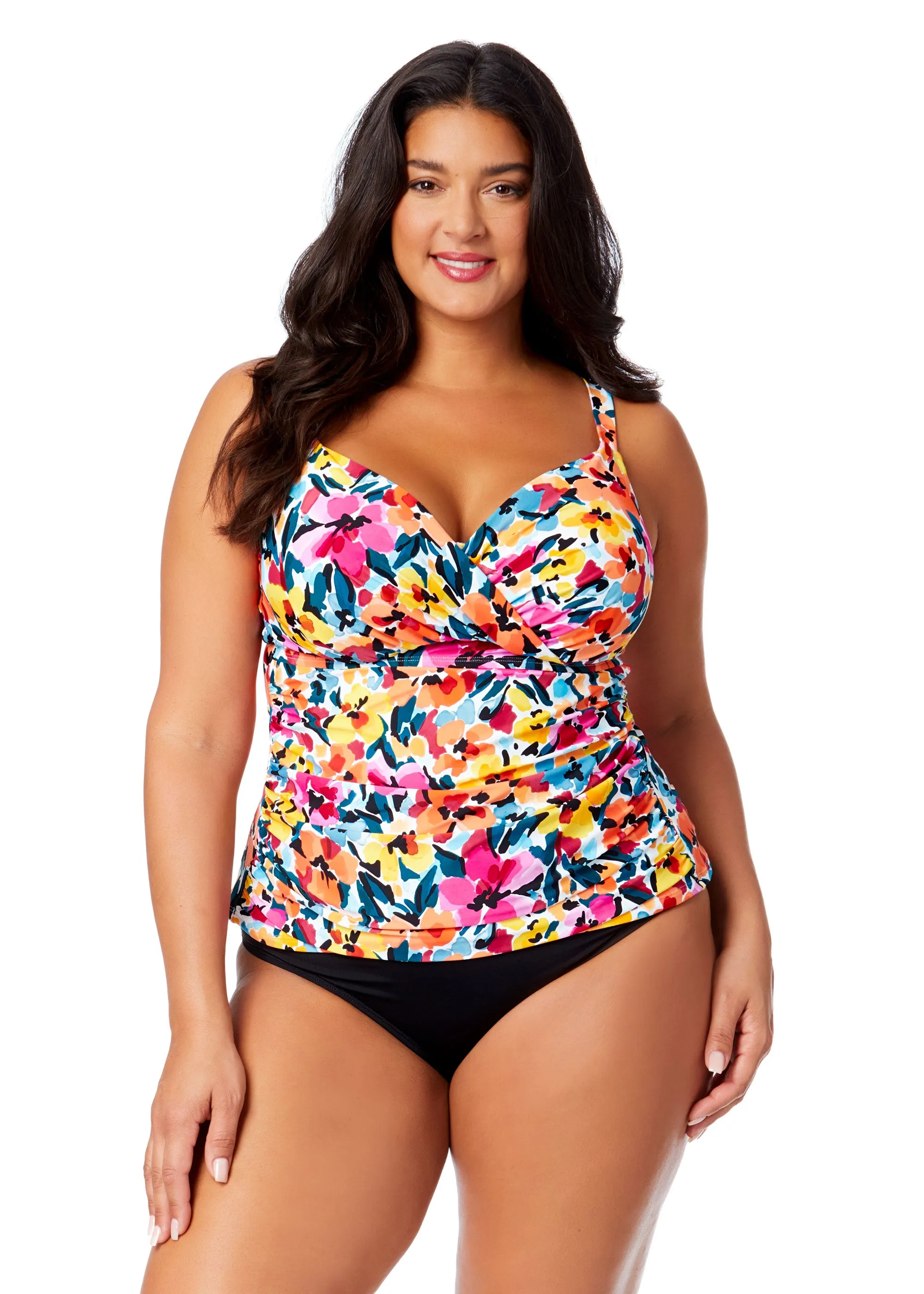 Women's Plus Gradient Floral Twist Front Underwire Tankini Swim Top