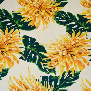 Yellow-Green-White Floral Printed Linen Woven Fabric